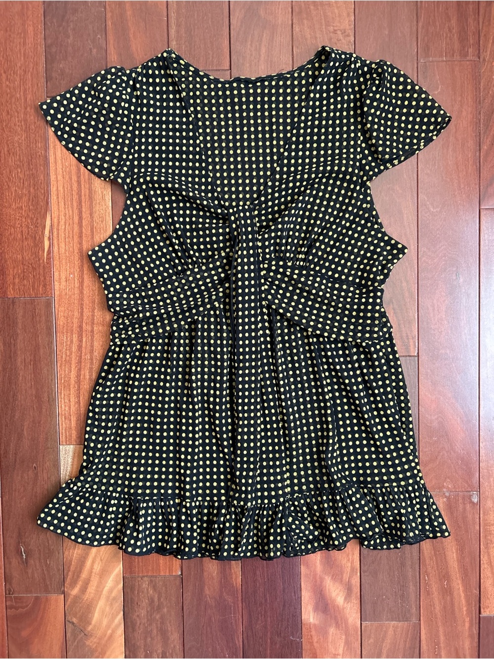 Women’s Black Mesh Babydoll Blouse with Yellow Polka Dots